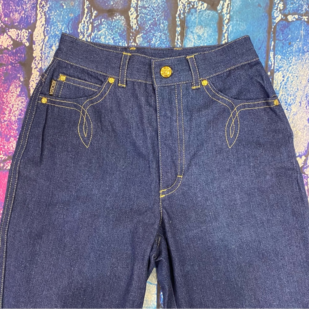 ESCADA Vintage Jeans Pants 4/6(small) 36 tapered Leg Embroidered Gold Blue 1990s - Picture 4 of 7